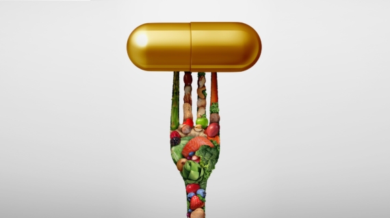 Food Vitamin supplement as a capsule with a fork shaped with fruit vegetables nuts and beansas a nutrient pill for natural medicine health treatment with 3D illustration elements.